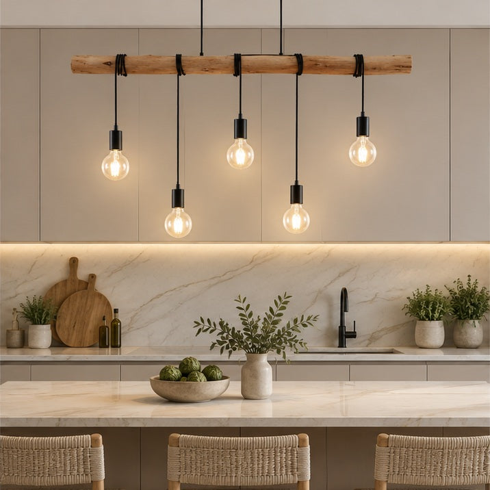 Lindby suspension Rome, 5 lampes, bois, corde, noir, 116 cm — cuisine — mise en scène illustrative 2