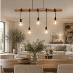Lindby suspension Rome, 5 lampes, bois, corde, noir, 116 cm — salon — mise en scène illustrative 3