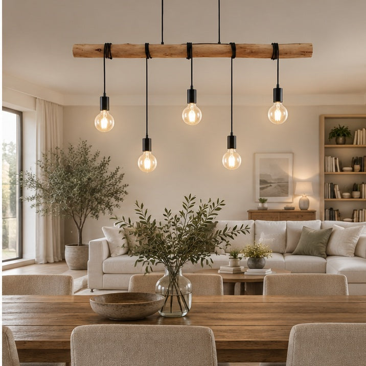 Lindby suspension Rome, 5 lampes, bois, corde, noir, 116 cm — salon — mise en scène illustrative 3