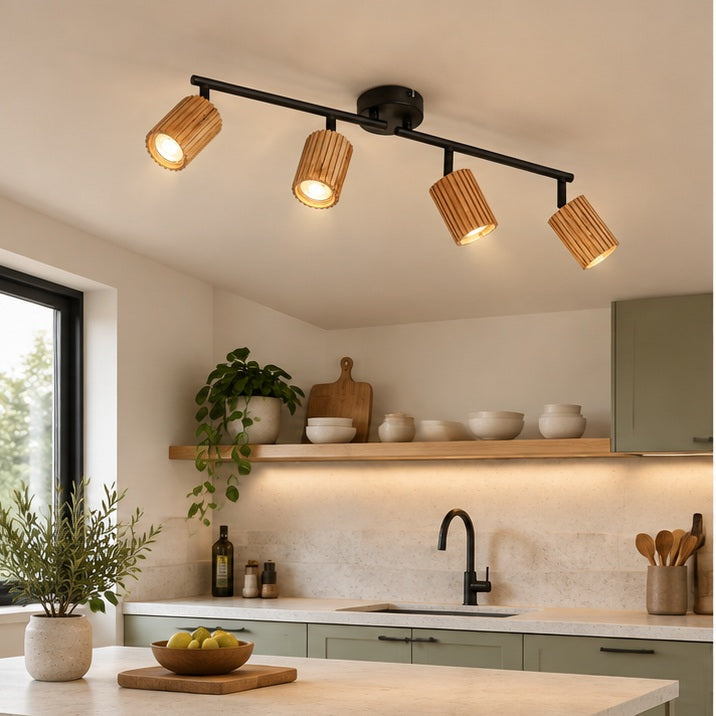 Spot pour plafond Lindby Stralino, à 4 lampes, longueur 60 cm, bois — cuisine — mise en scène illustrative 1