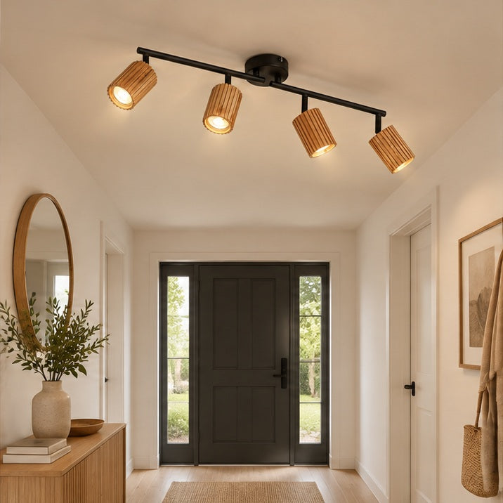 Spot pour plafond Lindby Stralino, à 4 lampes, longueur 60 cm, bois — entrée — mise en scène illustrative 2