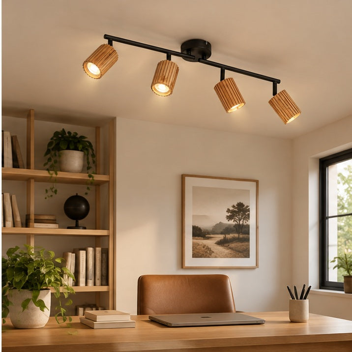 Spot pour plafond Lindby Stralino, à 4 lampes, longueur 60 cm, bois — bureau — mise en scène illustrative 3