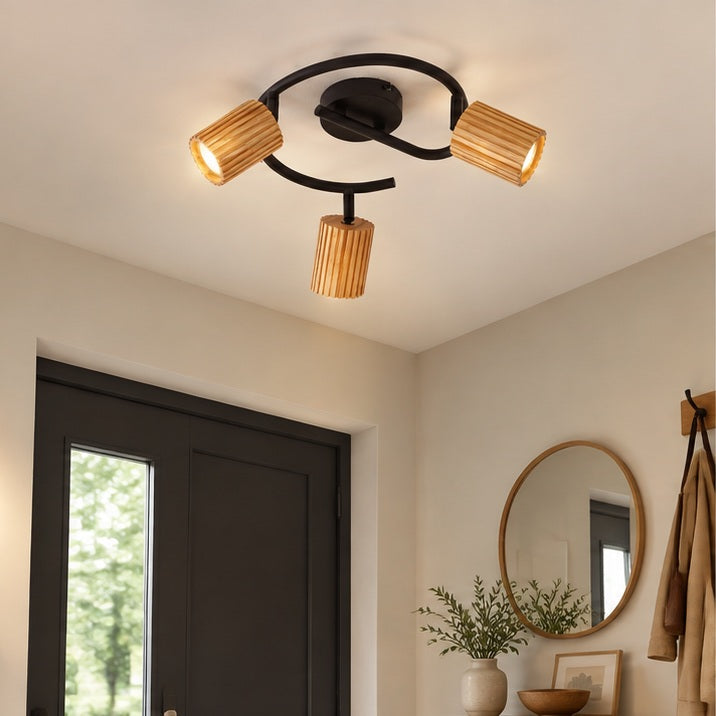 Spot pour plafond Lindby Stralino, à 3 lampes, Ø31cm, bois, GU10 — entrée — mise en scène illustrative 1
