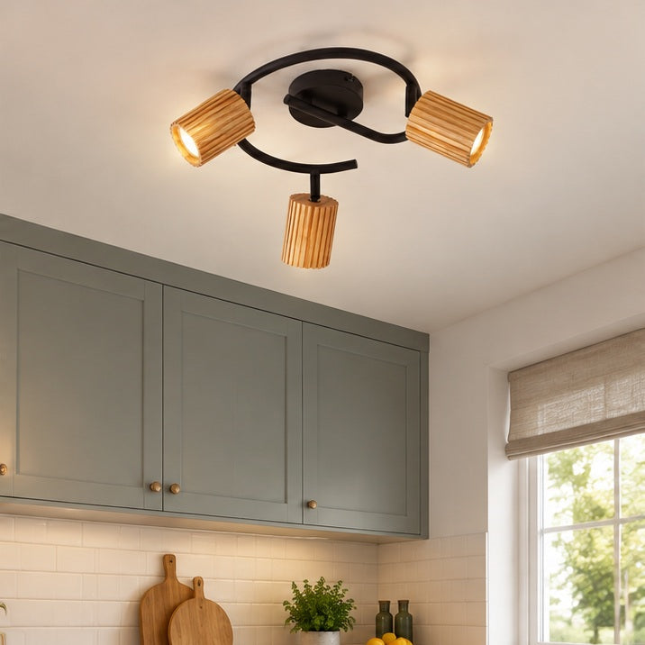 Spot pour plafond Lindby Stralino, à 3 lampes, Ø31cm, bois, GU10 — cuisine — mise en scène illustrative 2