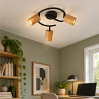 Spot pour plafond Lindby Stralino, à 3 lampes, Ø31cm, bois, GU10 — bureau — mise en scène illustrative 3