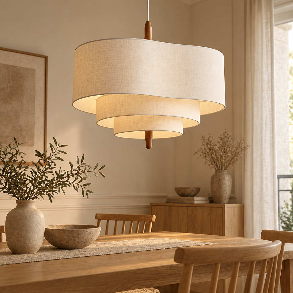 sculpturale — tissu beige et bois, vue de trois quarts