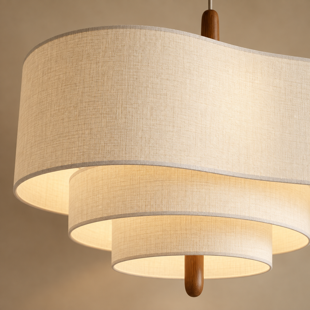 sculpturale — tissu beige et bois, détail rapproché