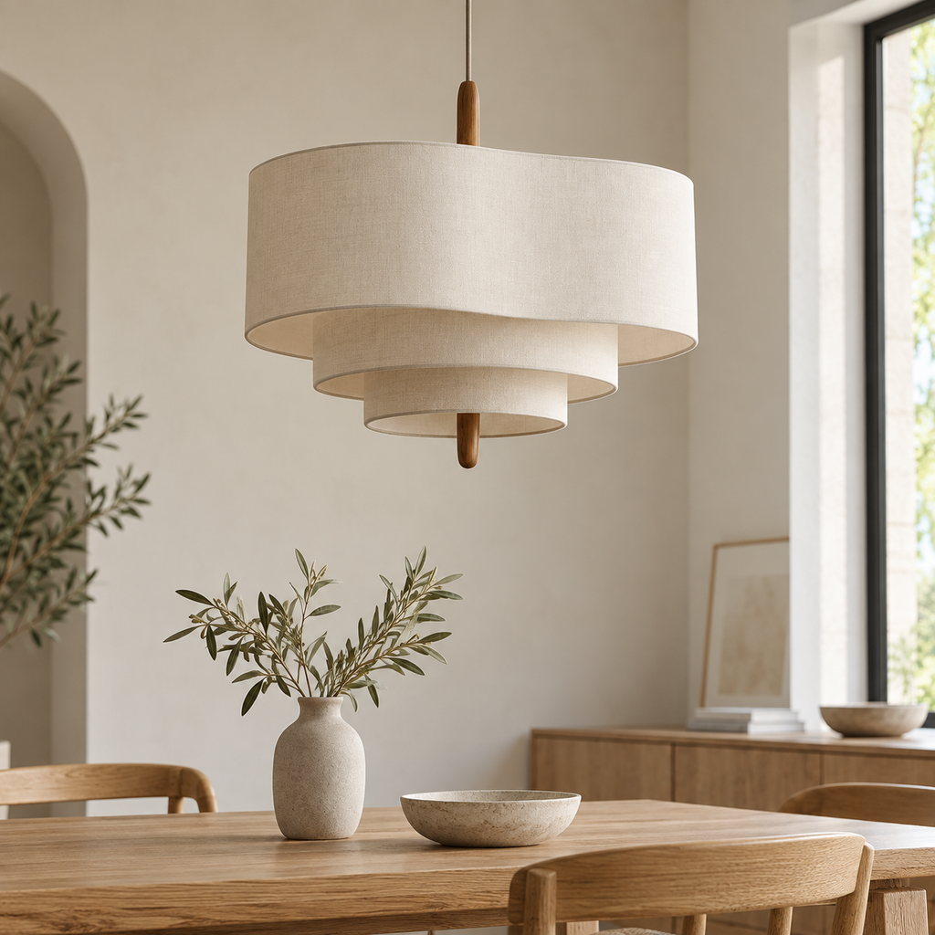 sculpturale — tissu beige et bois, vue éteinte en lumière naturelle