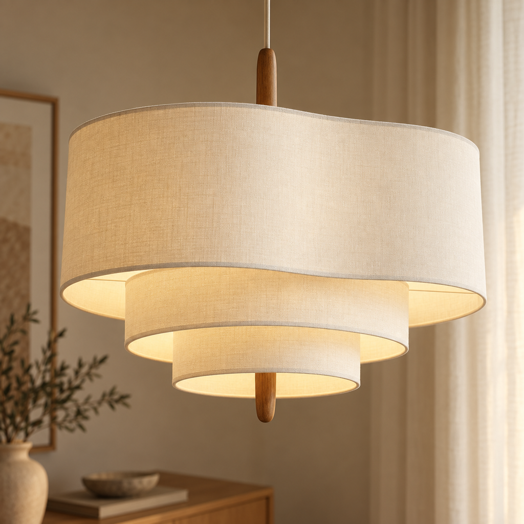 sculpturale — tissu beige et bois, angle supérieur