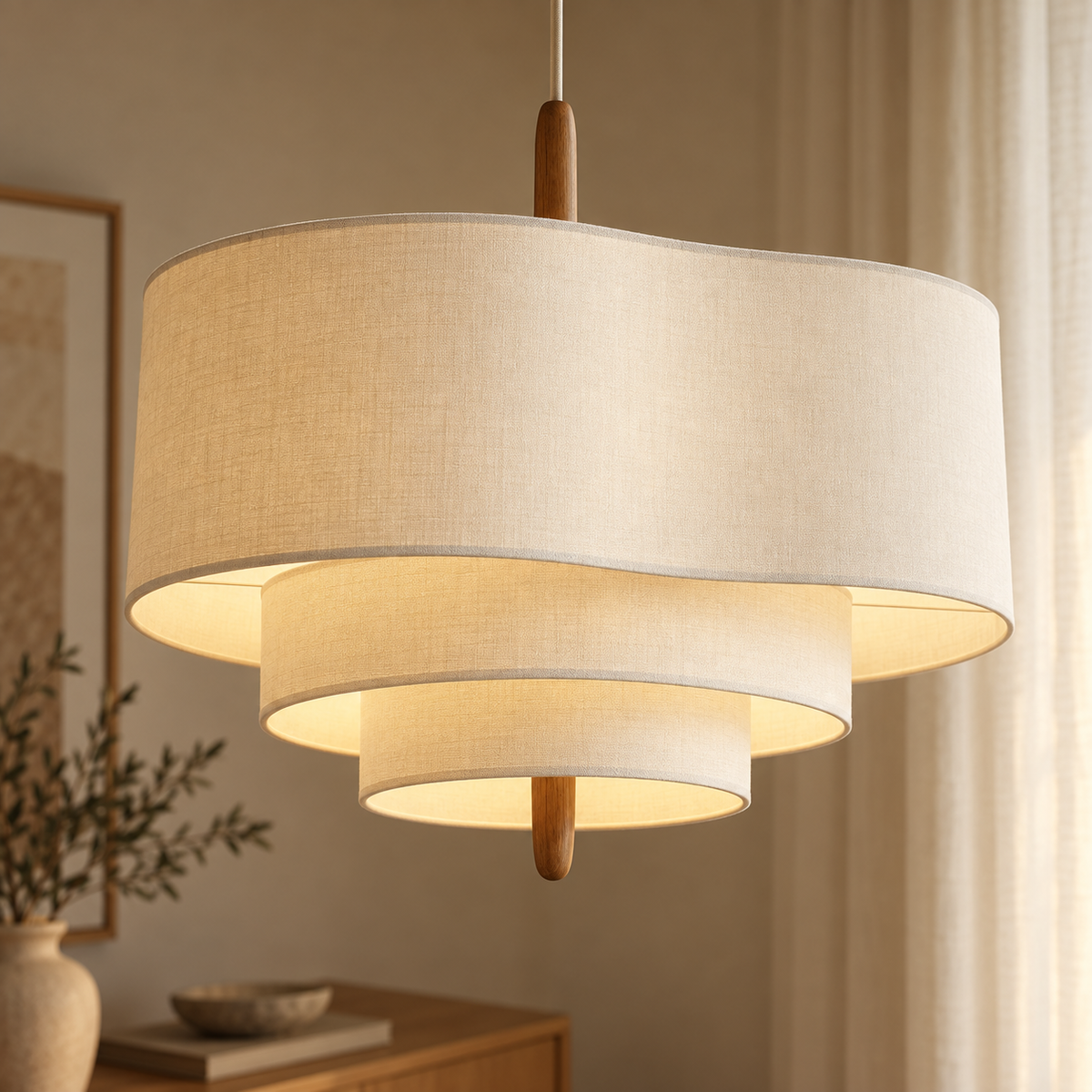 sculpturale — tissu beige et bois, angle supérieur