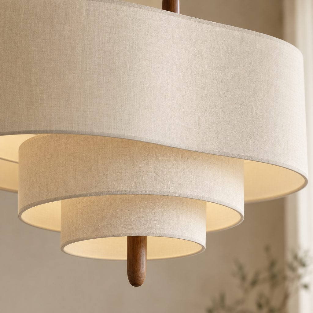 sculpturale — tissu beige et bois, détail de finition