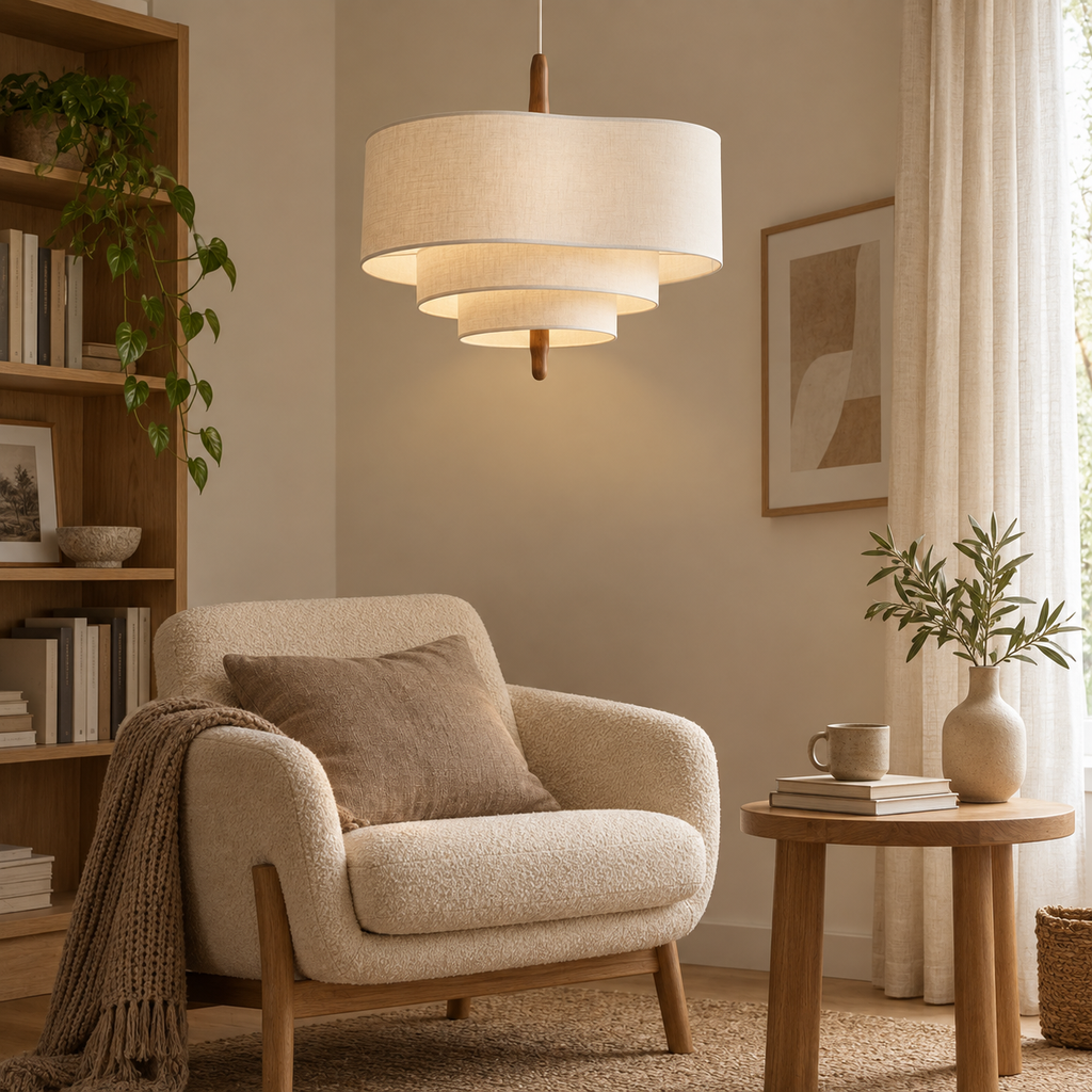 sculpturale — tissu beige et bois, vue latérale