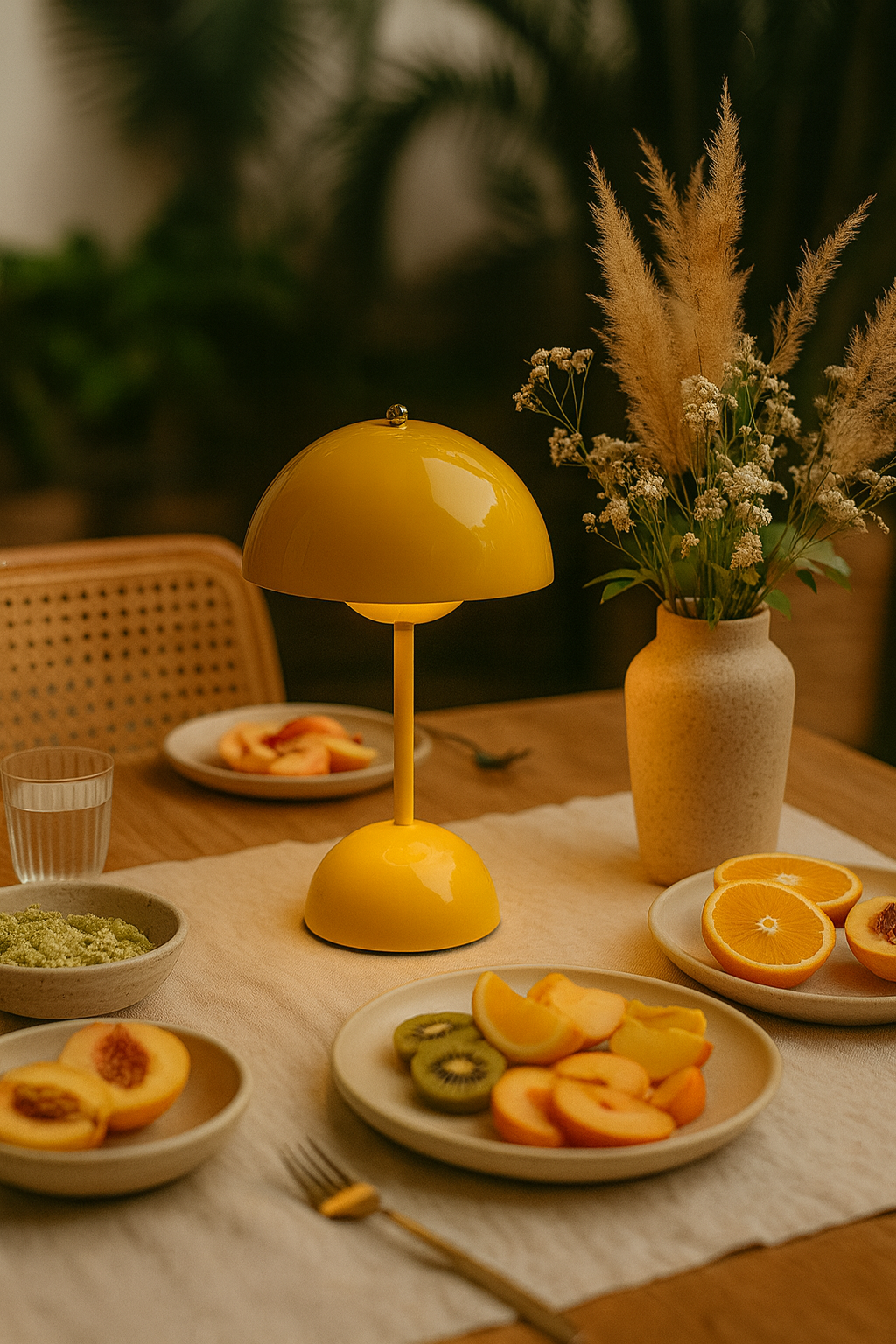 Solinette, lampe champignon jaune allumée au centre d’une table de repas