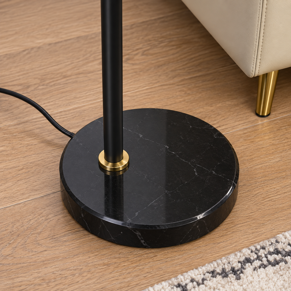tablette — noir, doré et verre fumé, détail du socle