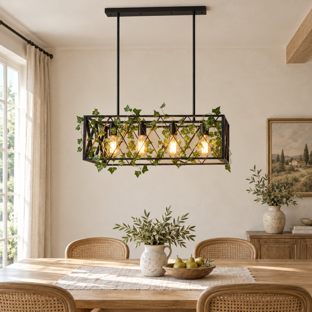 Suspension Treille 63 cm noire à quatre lumières — mise en scène illustrative 1