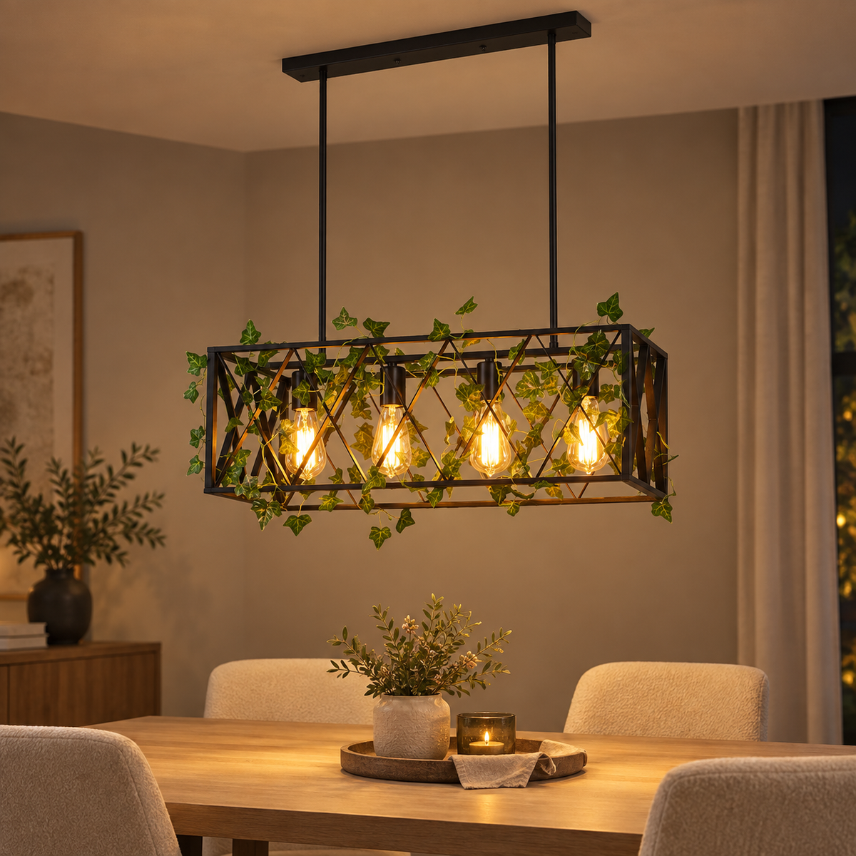 Suspension Treille 63 cm noire à quatre lumières — mise en scène illustrative 2