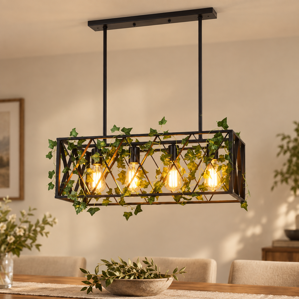 Suspension Treille 63 cm noire à quatre lumières — mise en scène illustrative 4