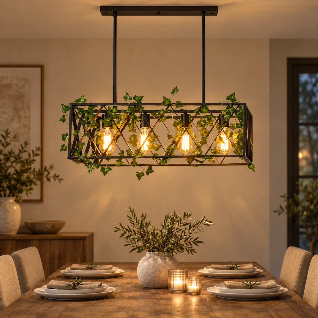 Suspension Treille 63 cm noire à quatre lumières — mise en scène illustrative 5