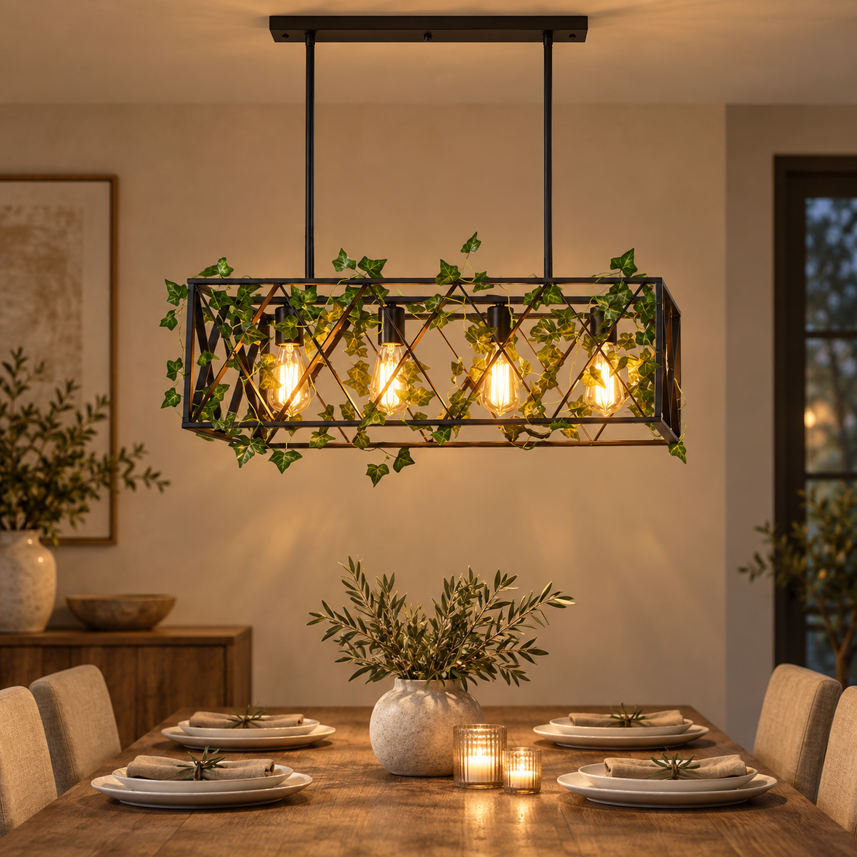 Suspension Treille 63 cm noire à quatre lumières — mise en scène illustrative 5