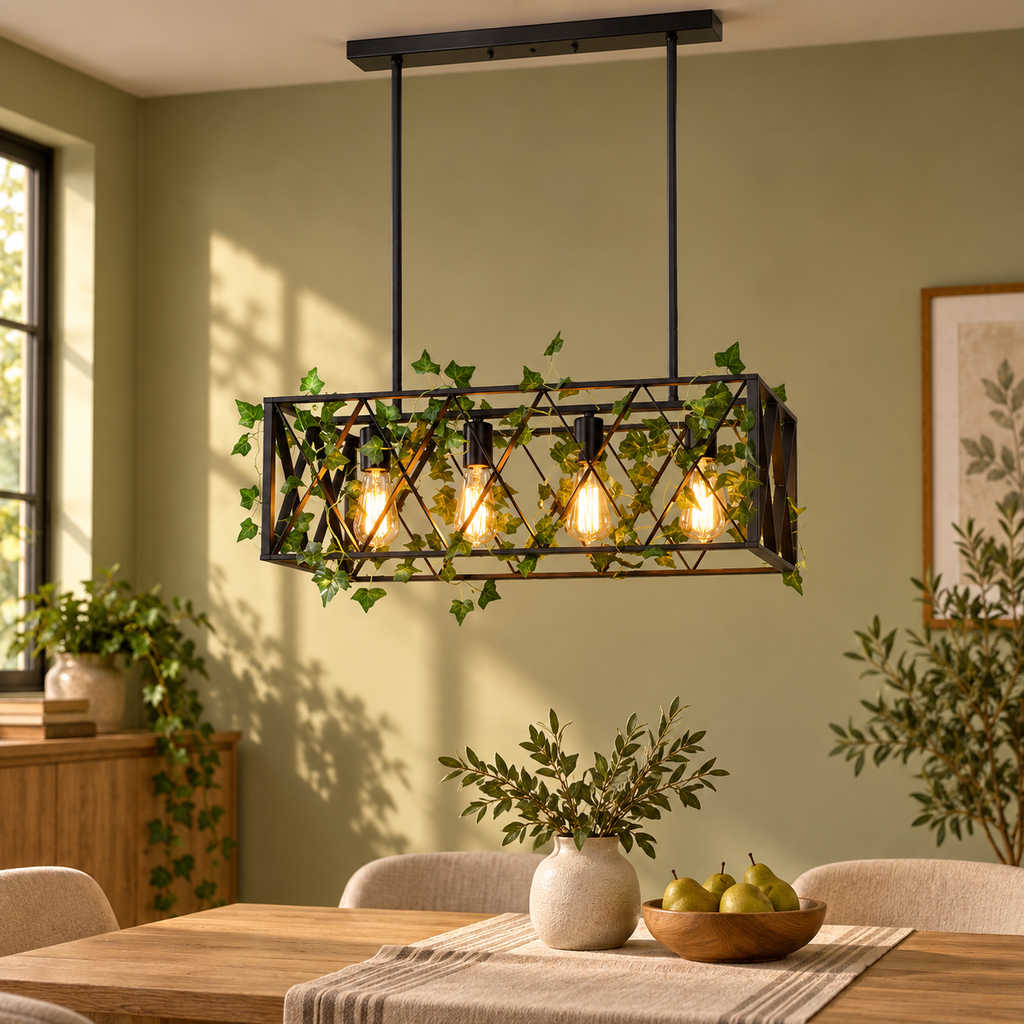 Suspension Treille 63 cm noire à quatre lumières — mise en scène illustrative 6