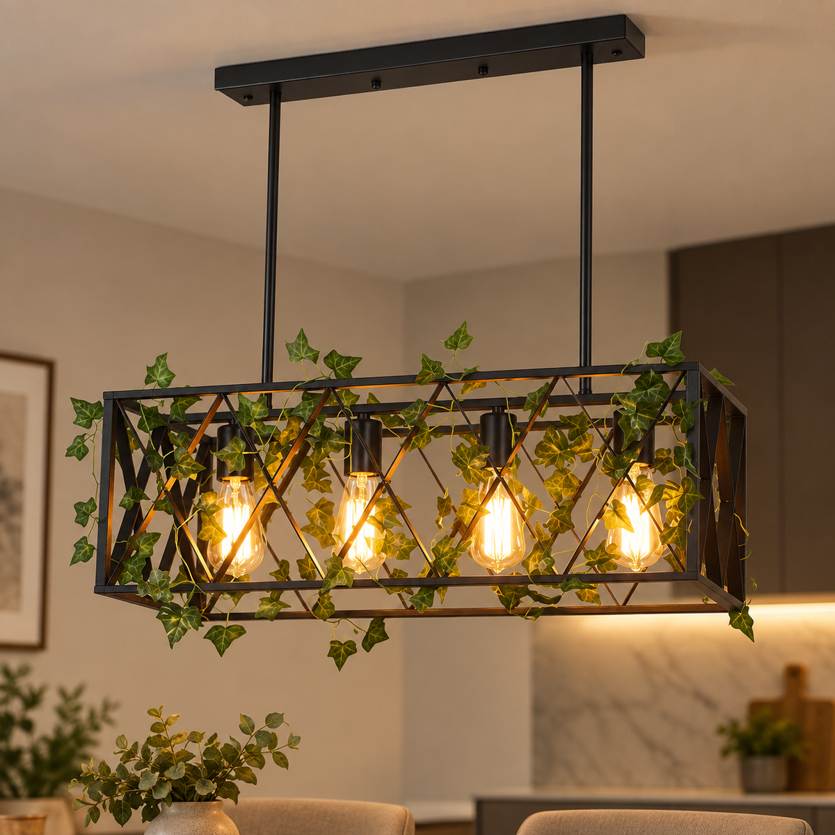 Suspension Treille 63 cm noire à quatre lumières — mise en scène illustrative 8