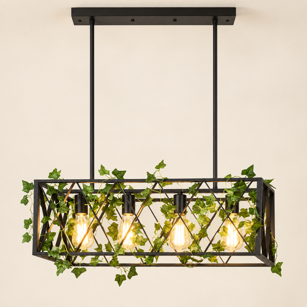 Suspension Treille 63 cm noire à quatre lumières — mise en scène illustrative 9
