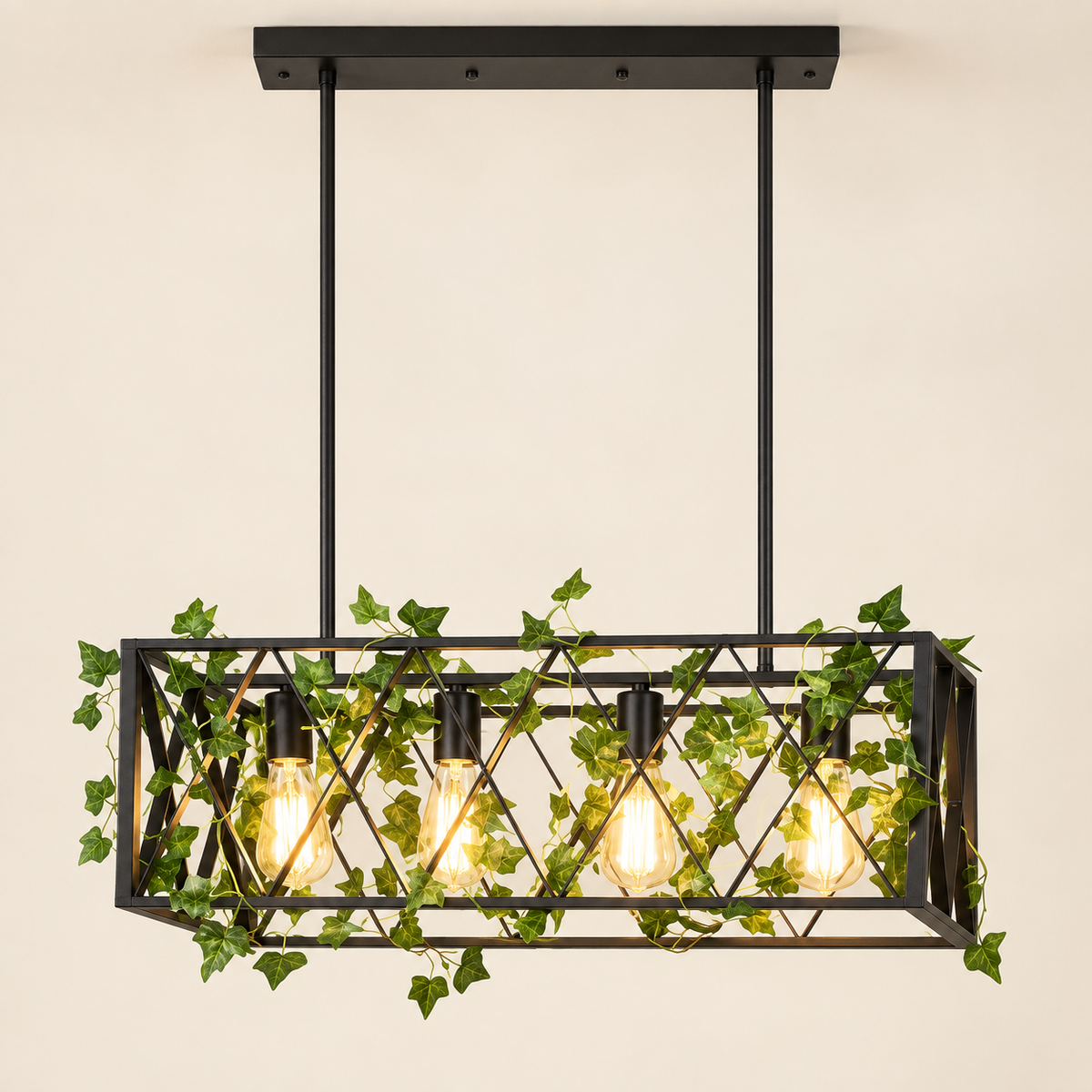 Suspension Treille 63 cm noire à quatre lumières — mise en scène illustrative 9