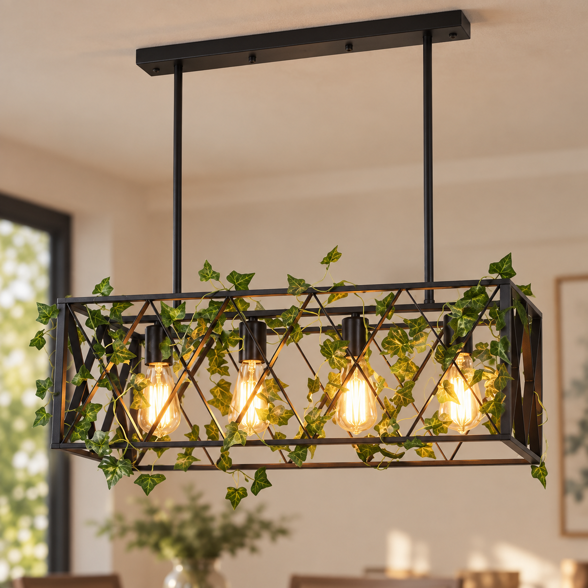 Suspension Treille 63 cm noire à quatre lumières — mise en scène illustrative 10