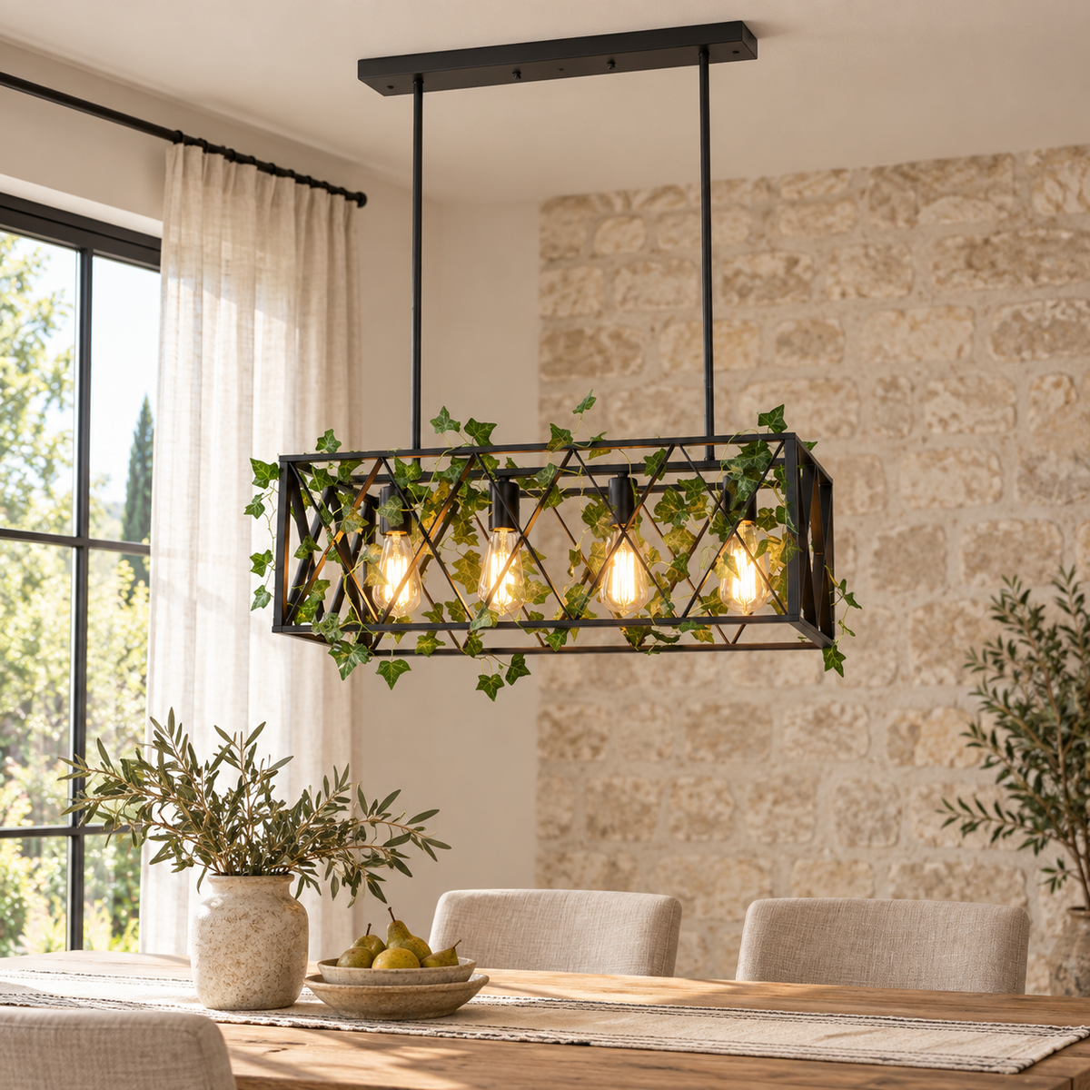 Suspension Treille 63 cm noire à quatre lumières — mise en scène illustrative 12