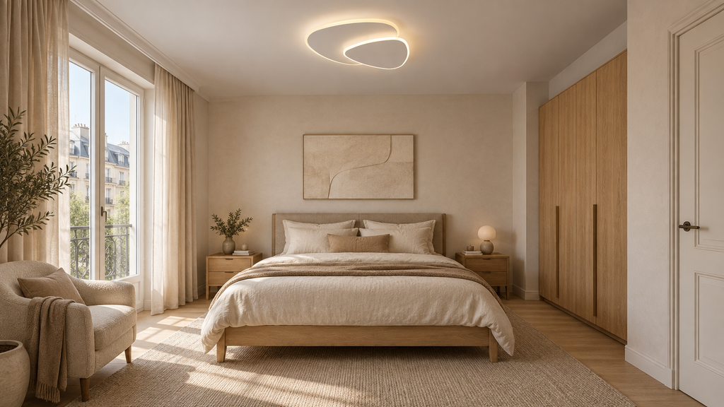 Zeno | Plafonnier LED géométrique blanc — Chambre parents — Mise en scène illustrative · Blanc chaud, 40 cm