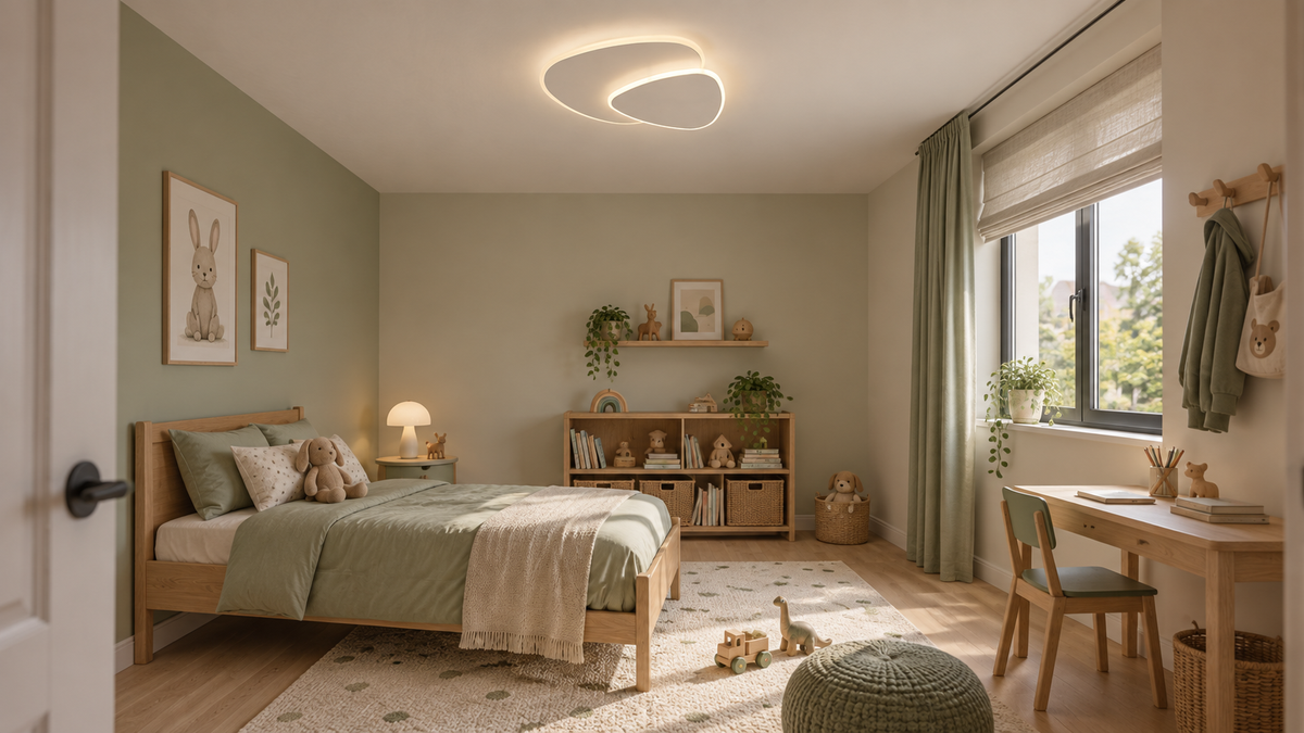 Zeno | Plafonnier LED géométrique blanc — Chambre enfant — Mise en scène illustrative · Blanc chaud, 40 cm