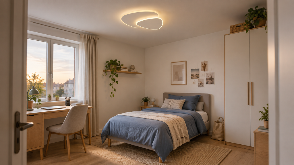 Zeno | Plafonnier LED géométrique blanc — Chambre étudiante — Mise en scène illustrative · Blanc chaud, 40 cm