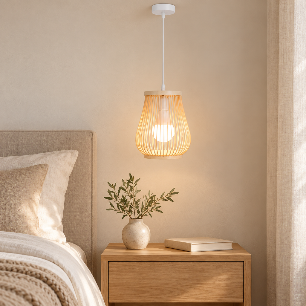 Mise en scène générée par IA à partir des photos fournisseur : suspension Naléa au-dessus d’une table de chevet dans une chambre sobre.