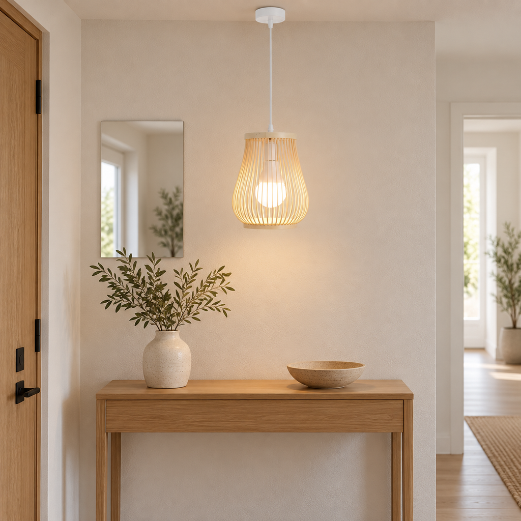 Mise en scène générée par IA à partir des photos fournisseur : suspension Naléa dans une entrée avec console en bois clair.