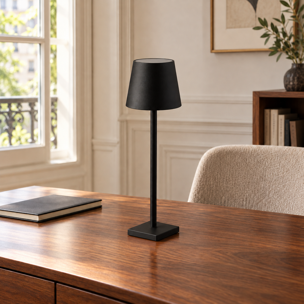 Néora noire sur un bureau en bois — mise en scène illustrative