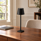 Néora noire sur un bureau en bois — mise en scène illustrative