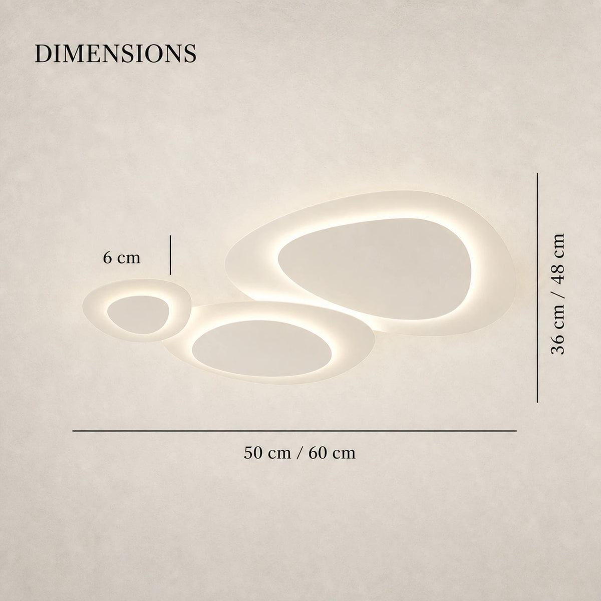 Nuvéa plafonnier nuage blanc — dimensions 50 cm ou 60 cm, hauteur 36 cm ou 48 cm et épaisseur 6 cm