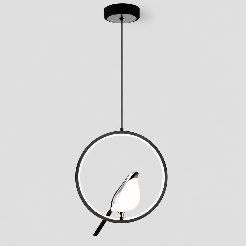 Suspension oiseau rond noir argente — visuel reconstitué d’après les références