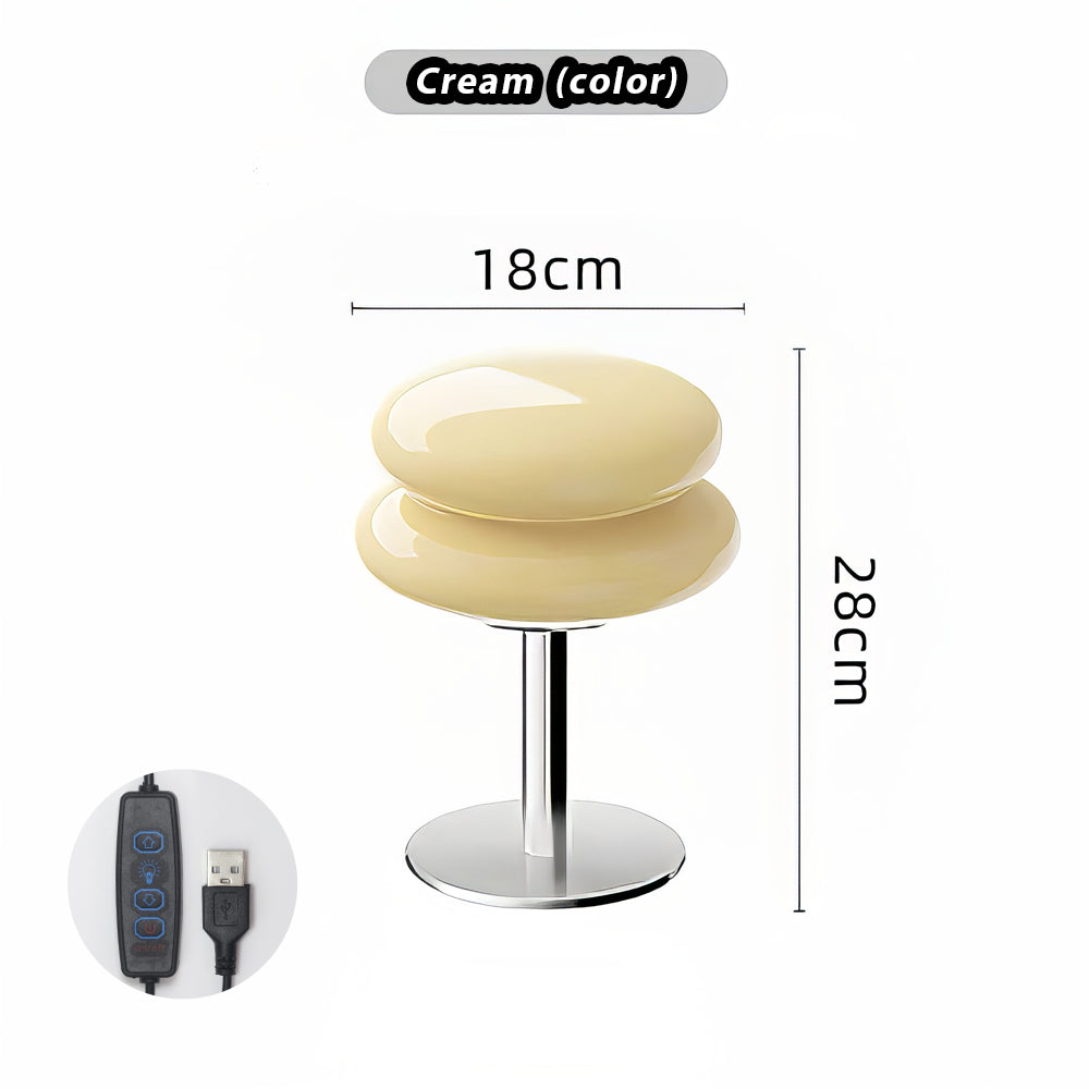 Lampe Orélia crème à double abat-jour arrondi, finition chromée, dimensions fournisseur 18 cm × 28 cm et commande USB sur câble.