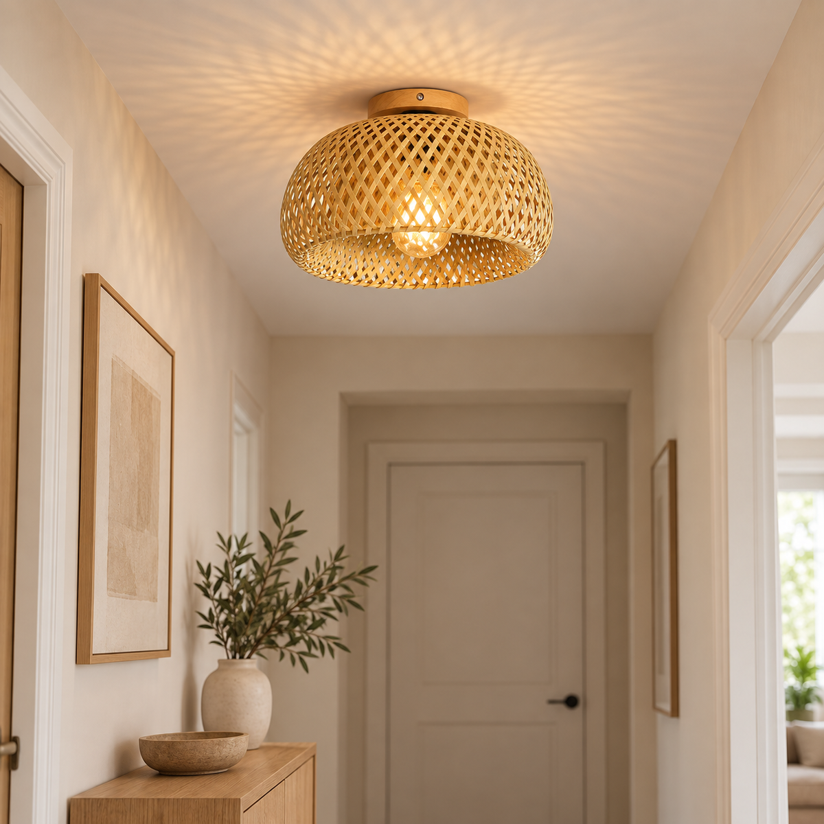 Mise en scène IA d’Ormeo dans une entrée ; décoration illustrative, ampoule non incluse.