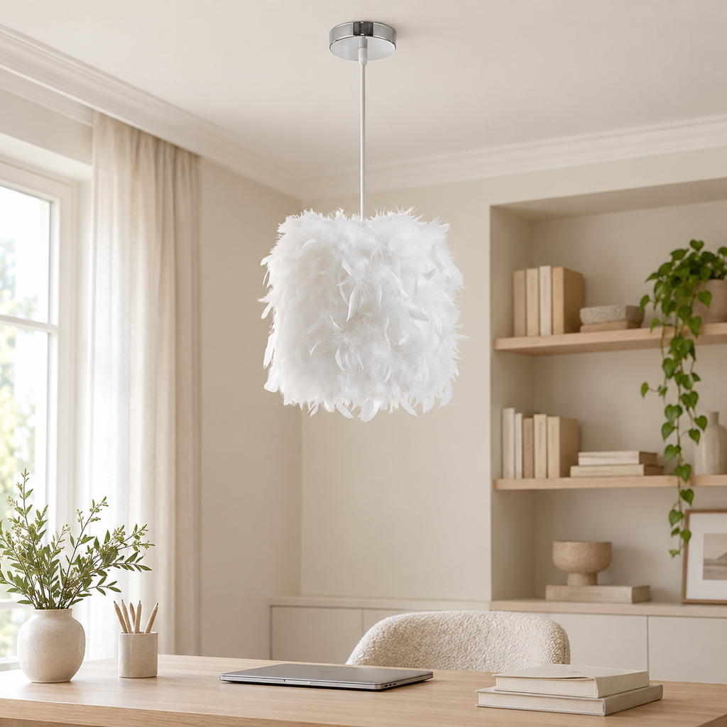Suspension blanche à l’aspect plumeux, format 23 cm, dans un décor bureau chene