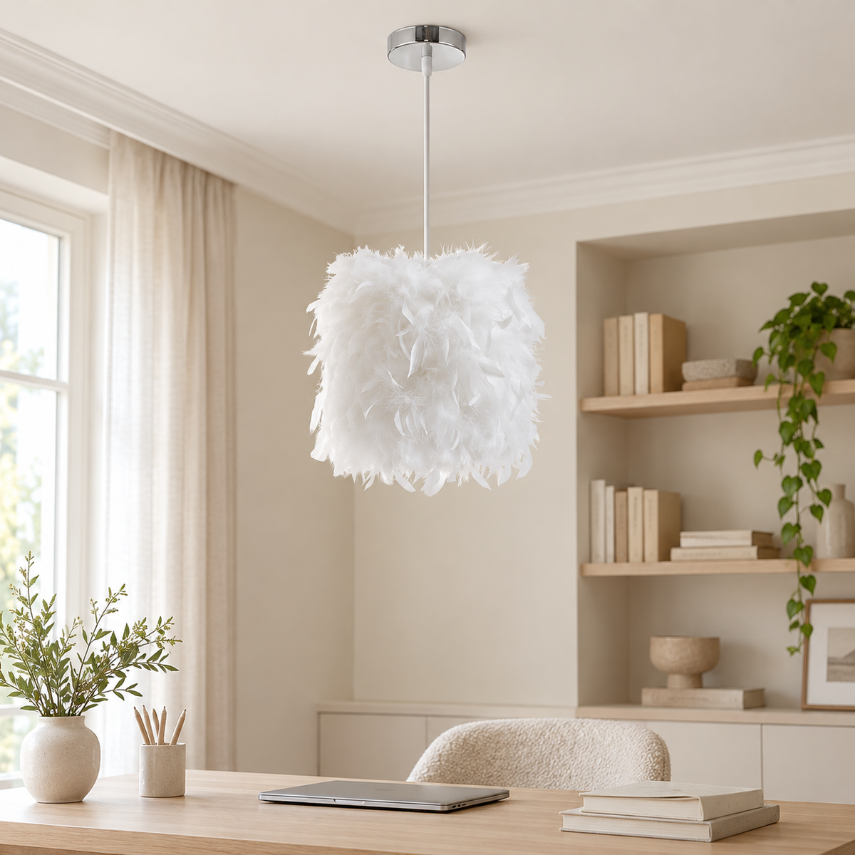 Suspension blanche à l’aspect plumeux, format 23 cm, dans un décor bureau chene