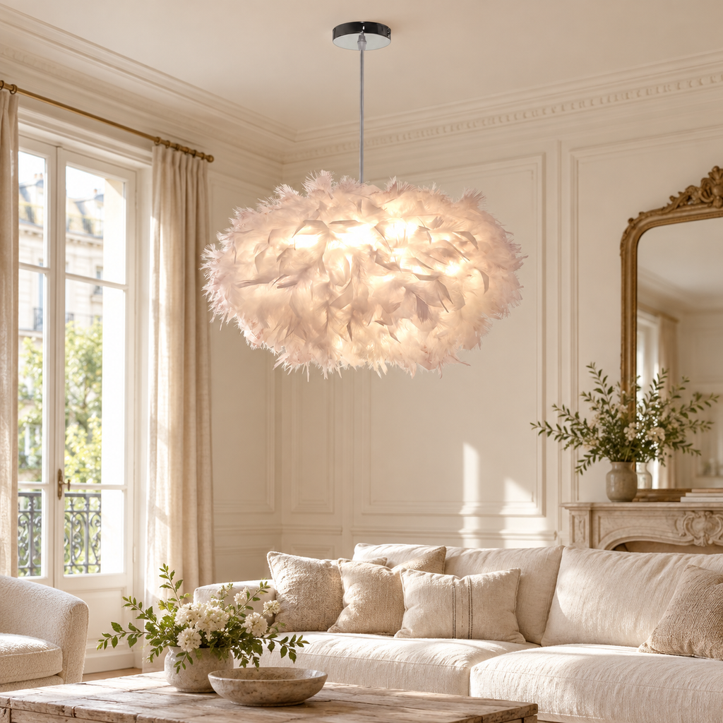 Suspension blanche à l’aspect plumeux, format 45 cm, dans un décor salon ivoire