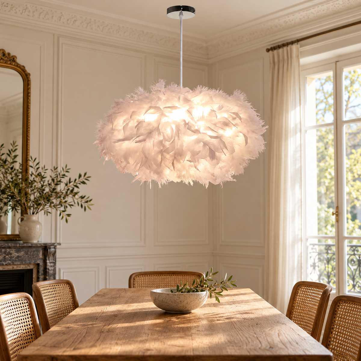 Suspension blanche à l’aspect plumeux, format 45 cm, dans un décor repas chene