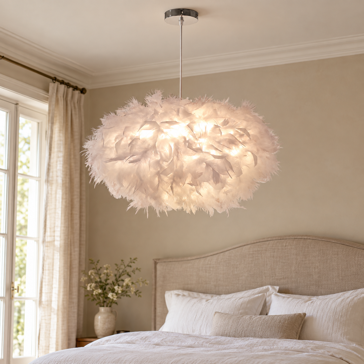 Suspension blanche à l’aspect plumeux, format 45 cm, dans un décor chambre beige