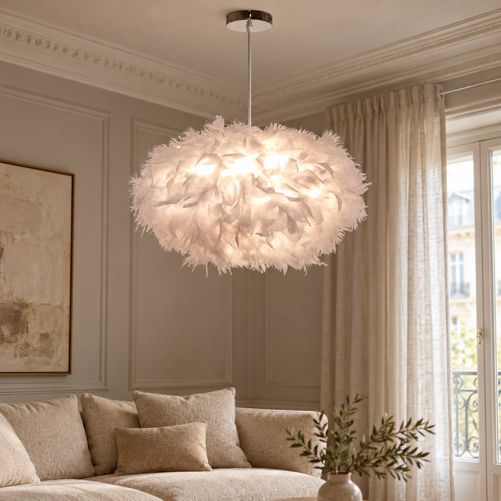 Suspension blanche à l’aspect plumeux, format 45 cm, dans un décor salon contemporain