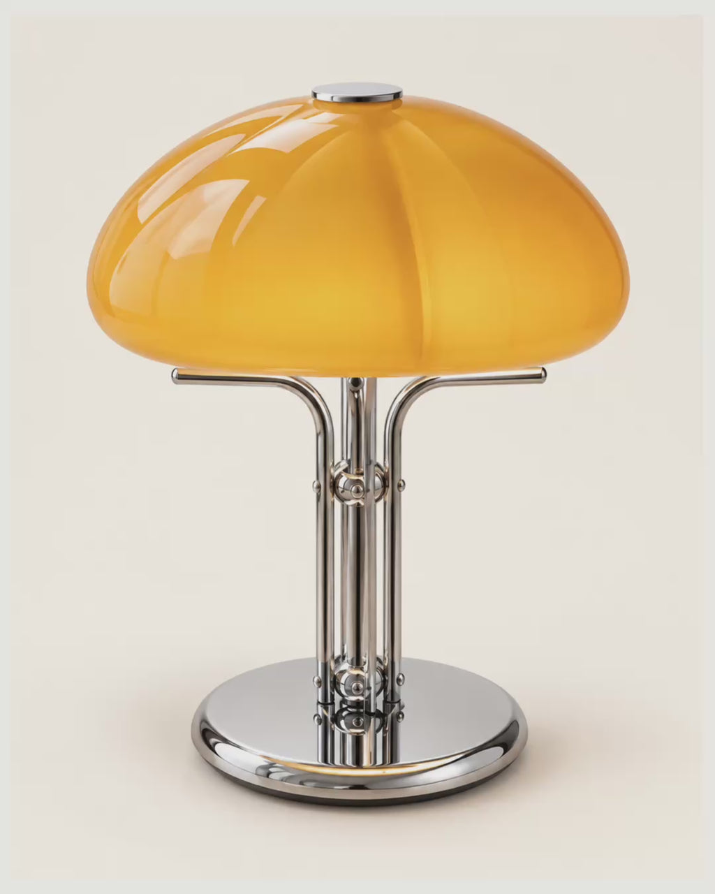 Lampe champignon orange et chrome — trois ambiances illustratives
