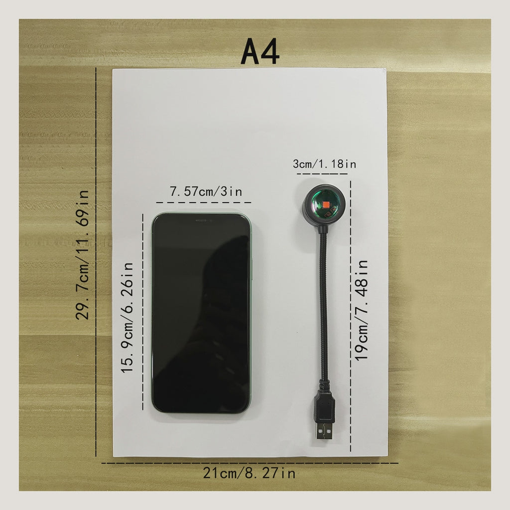Cadeau USB projection coucher de soleil — présentation photographique du modèle à col flexible et prise USB directe, 12 secondes. Téléphone et décor non fournis.