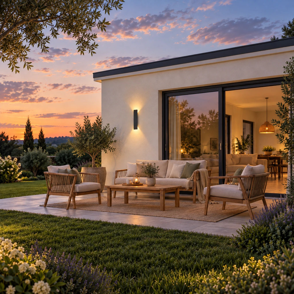Mise en scène illustrative de Sillage noire au-dessus d’un salon de terrasse au coucher du soleil