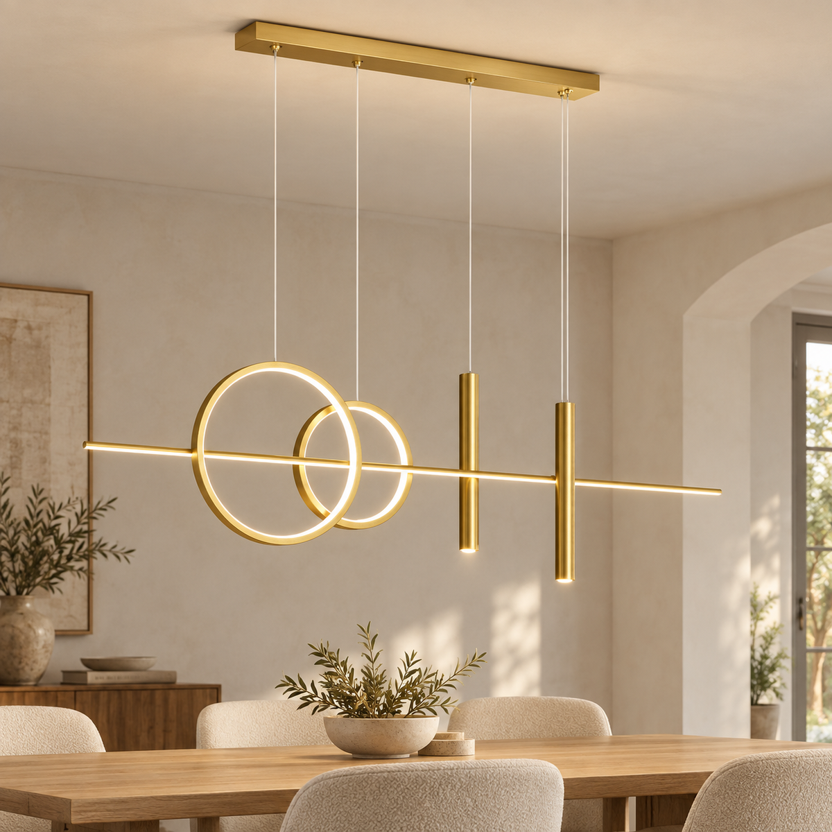 Suspension LED à anneaux dorée dans une salle à manger